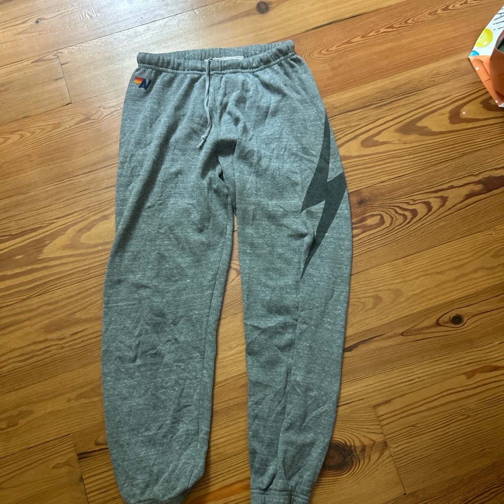 Aviator Nation Gray Sweatpants with Black Lightning Bolt
